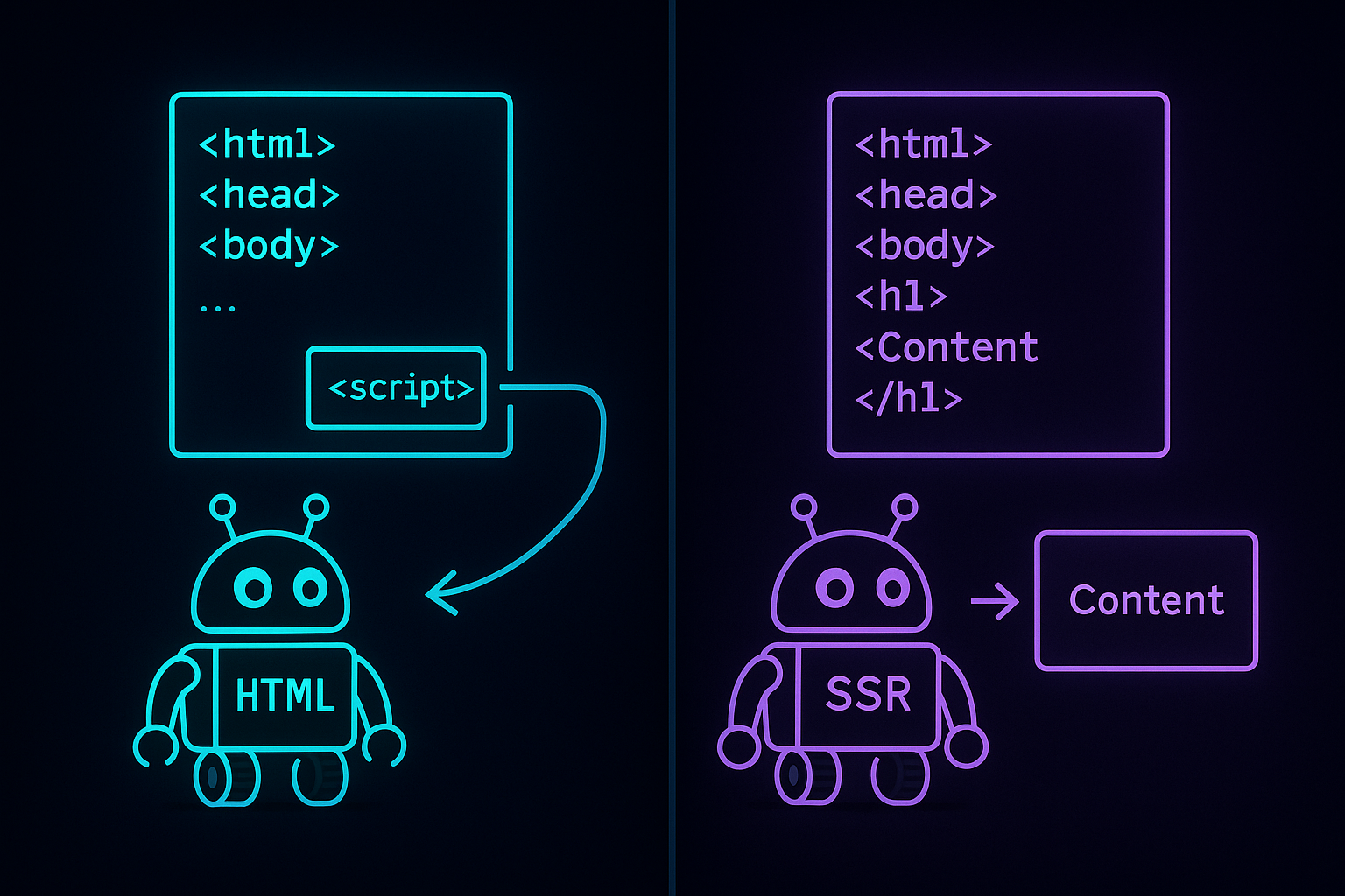 Client-side rendering versus server-side rendering comparison showing how JavaScript SEO impacts Googlebot crawling and indexing speed