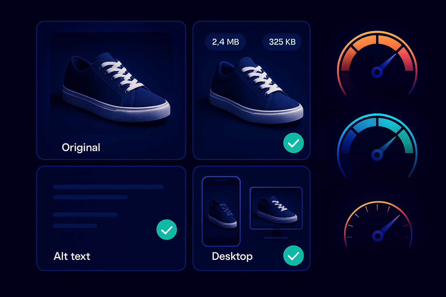 E-commerce product image optimization workflow showing file size reduction and alt text for Shopify SEO