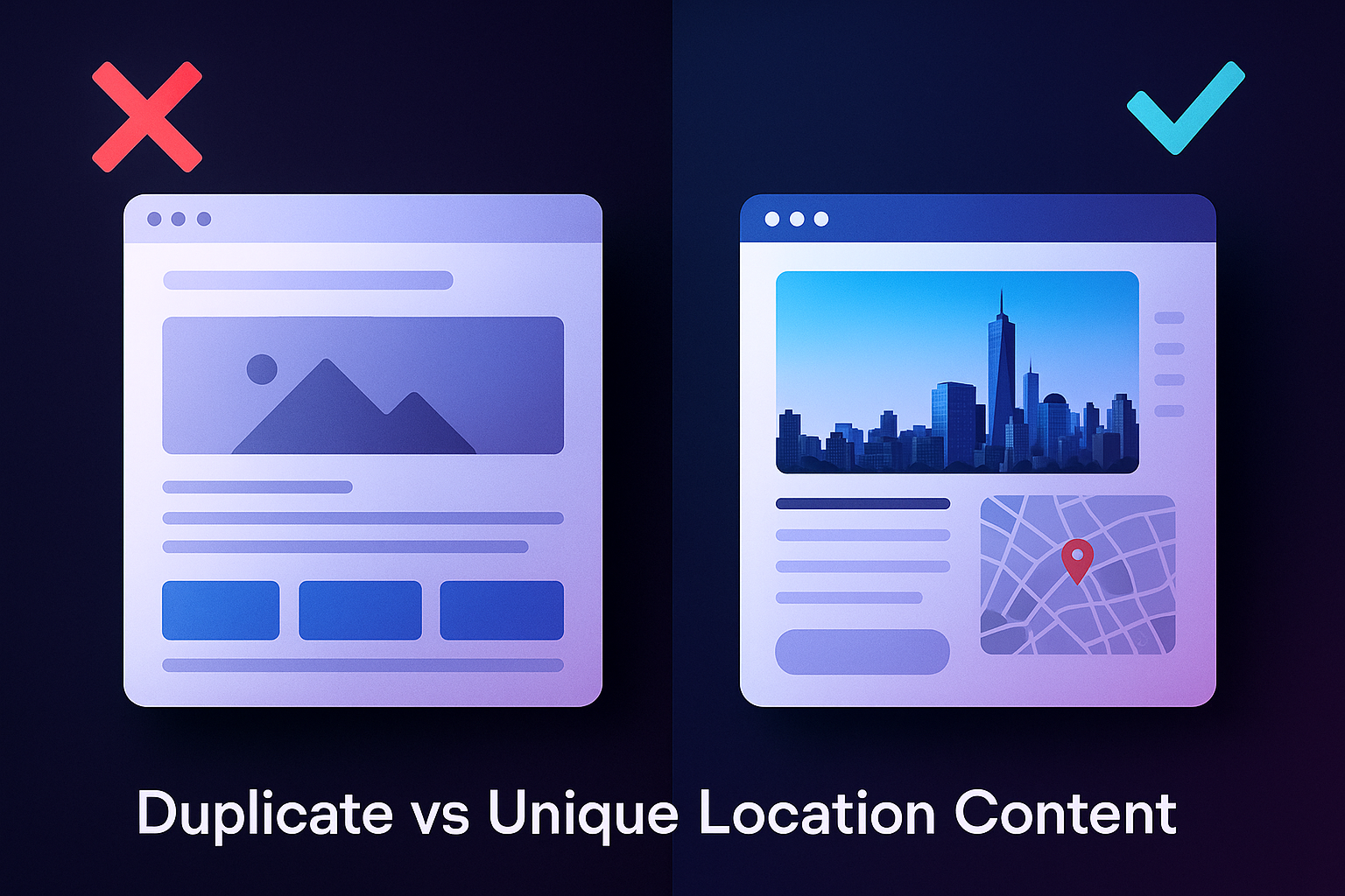 Comparison showing duplicate franchise location content versus unique localized content with neighborhood details and local information