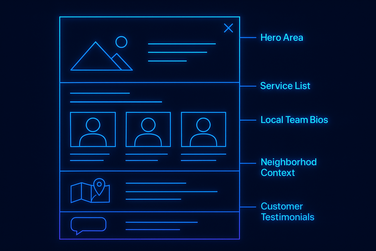 Franchise location page content template showing structured sections including hero, services, team bios, and local information for SEO