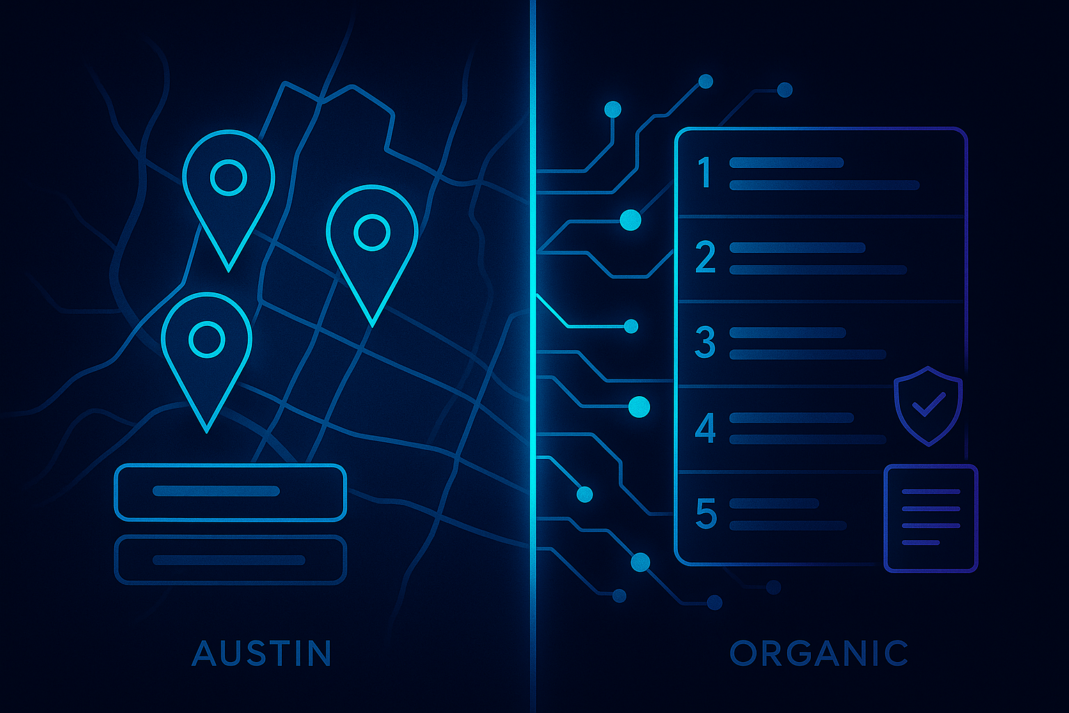 Visualization of Austin local map pack versus organic search results, showing how physical location verification affects local pack eligibility while organic ranking depends on content authority and technical SEO