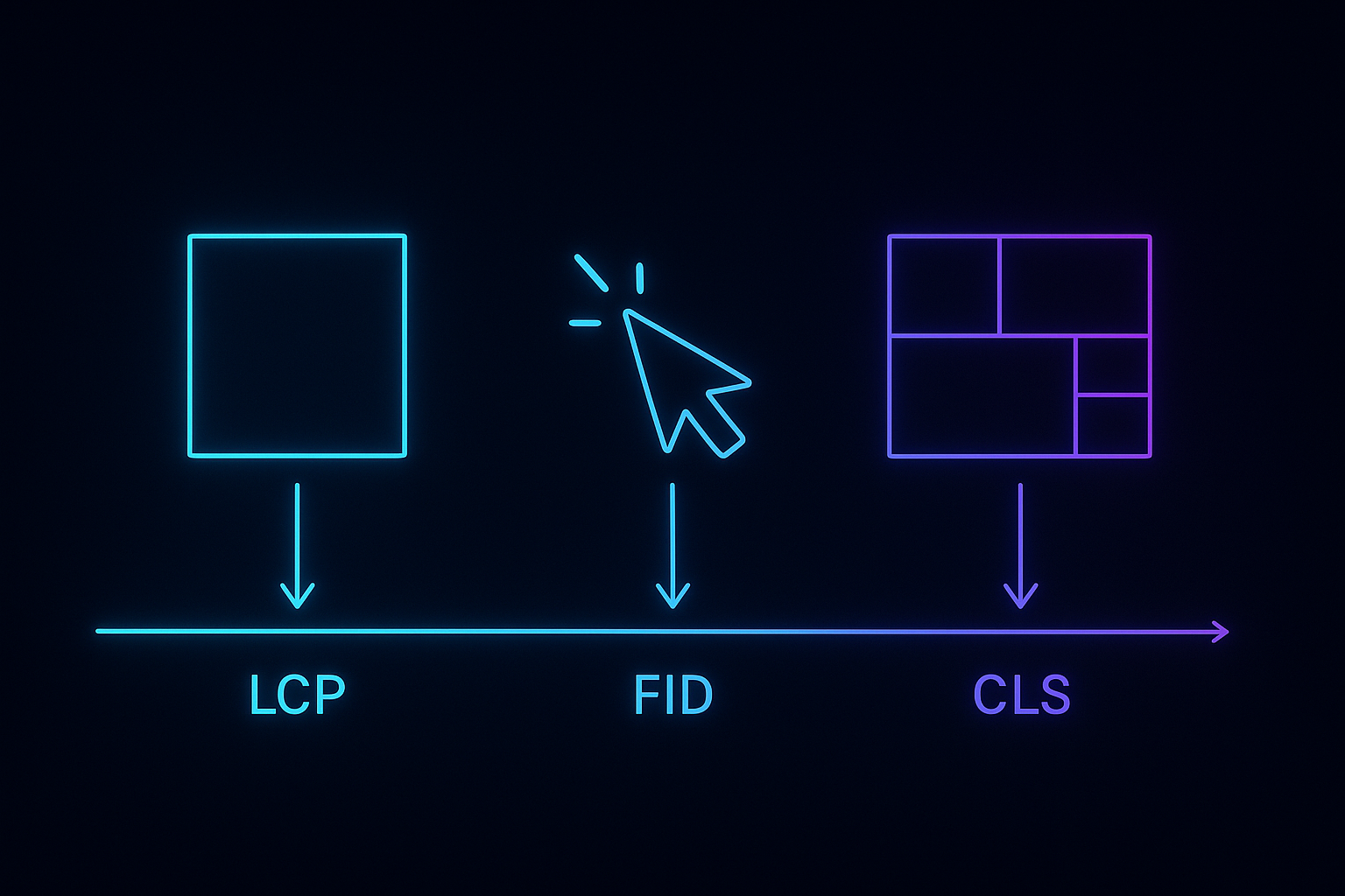 Diagram showing the three Core Web Vitals metrics: Largest Contentful Paint for loading speed, First Input Delay for interactivity, and Cumulative Layout Shift for visual stability