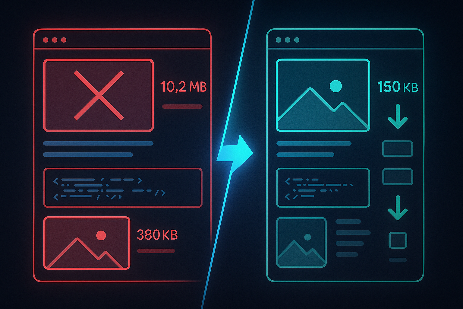 Before and after comparison of website optimization showing reduced file sizes, lazy loading implementation, and improved Core Web Vitals scores for better SEO performance